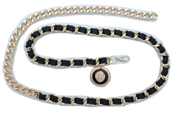 Women Fashion Gold Metal Chain Links Black Sexy Belt Lion Medallion Charm Fit Sizes XS S M