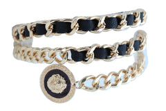 Gold Metal & Black Fabric Skinny Chain Belt with Lion Medallion Pendant End