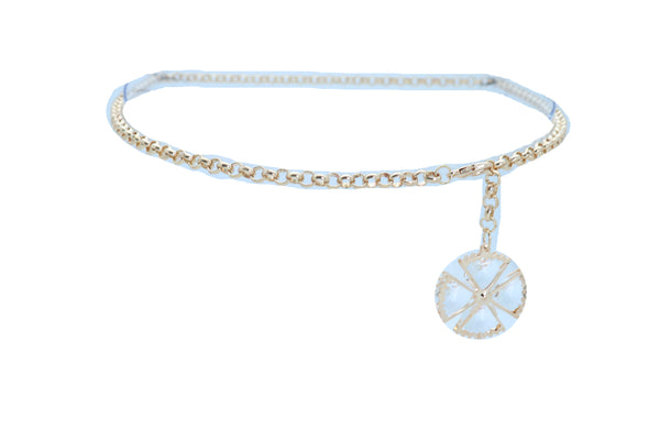 Women Fashion Belt Gold Metal Chain Links Waistband Flower Bling Charm Fits Sizes M L XL