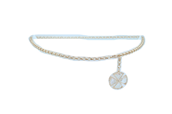 Women Fashion Belt Gold Metal Chain Links Waistband Flower Bling Charm Fits Sizes M L XL