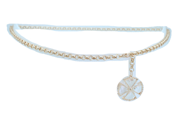 Women Fashion Belt Gold Metal Chain Links Waistband Flower Bling Charm Fits Sizes M L XL