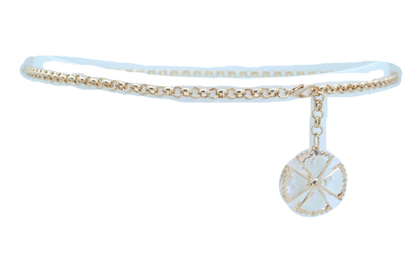 Women Fashion Belt Gold Metal Chain Links Waistband Flower Bling Charm Fits Sizes M L XL