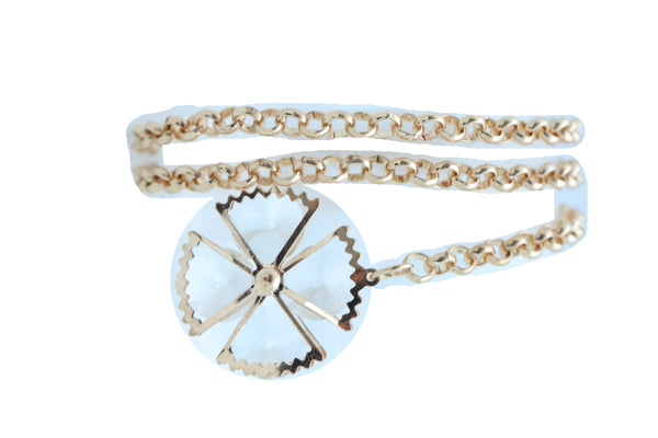 Women Fashion Belt Gold Metal Chain Links Waistband Flower Bling Charm Fits Sizes M L XL