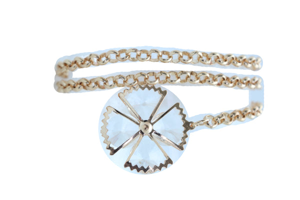 Women Fashion Belt Gold Metal Chain Links Waistband Flower Bling Charm Fits Sizes M L XL