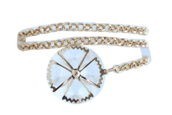 Women Fashion Belt Gold Metal Chain Links Waistband Flower Bling Charm Fits Sizes M L XL