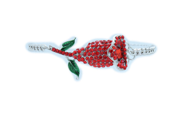 Women Silver Metal Chain Boot Bracelet Heel Shoe Anklet Red Flower Bling Charm One Size