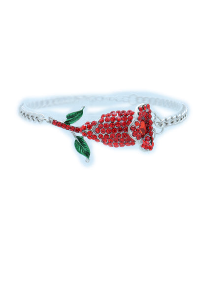 Women Silver Metal Chain Boot Bracelet Heel Shoe Anklet Red Flower Bling Charm One Size