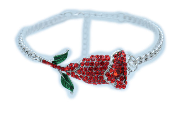 Women Silver Metal Chain Boot Bracelet Heel Shoe Anklet Red Flower Bling Charm One Size