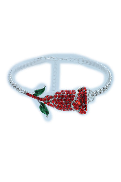 Women Silver Metal Chain Boot Bracelet Heel Shoe Anklet Red Flower Bling Charm One Size