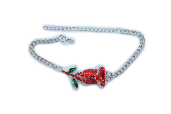 Women Silver Metal Chain Boot Bracelet Heel Shoe Anklet Red Flower Bling Charm One Size