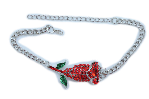 Women Silver Metal Chain Boot Bracelet Heel Shoe Anklet Red Flower Bling Charm One Size
