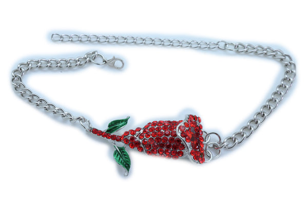 Women Silver Metal Chain Boot Bracelet Heel Shoe Anklet Red Flower Bling Charm One Size