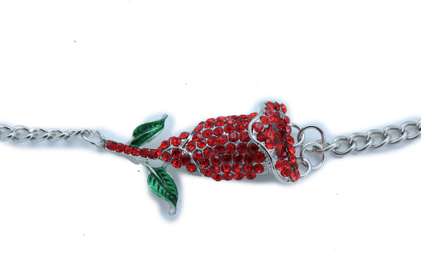 Women Silver Metal Chain Boot Bracelet Heel Shoe Anklet Red Flower Bling Charm One Size