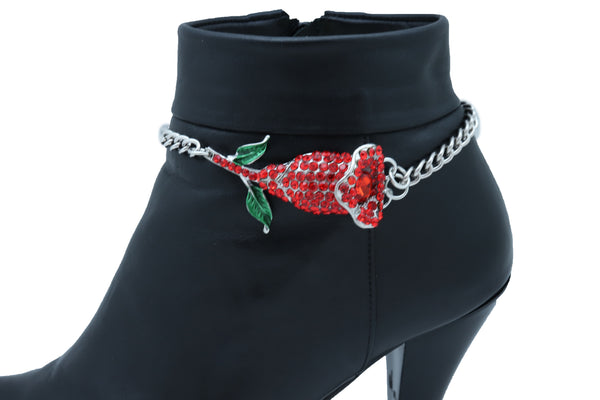 Women Silver Metal Chain Boot Bracelet Heel Shoe Anklet Red Flower Bling Charm One Size