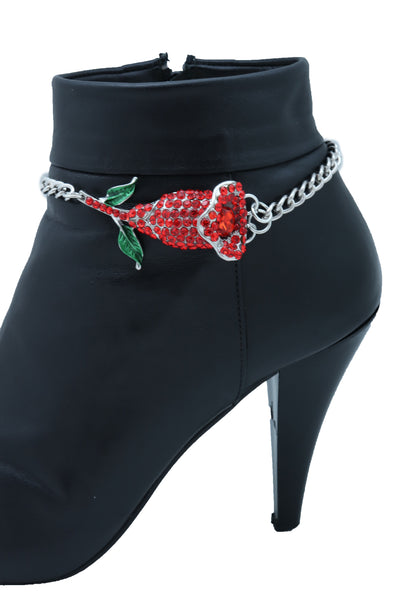 Women Silver Metal Chain Boot Bracelet Heel Shoe Anklet Red Flower Bling Charm One Size