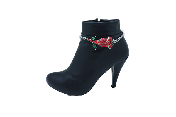Brand New Women Silver Metal Chain Boot Bracelet Heel Shoe Anklet Red Flower Bling Charm