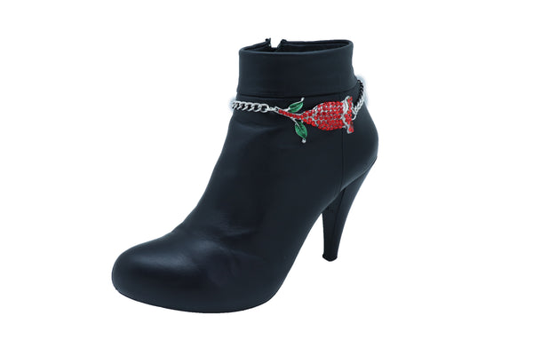 Women Silver Metal Chain Boot Bracelet Heel Shoe Anklet Red Flower Bling Charm One Size