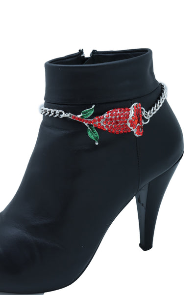 Brand New Women Silver Metal Chain Boot Bracelet Heel Shoe Anklet Red Flower Bling Charm