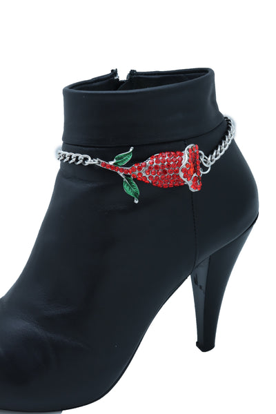 Women Silver Metal Chain Boot Bracelet Heel Shoe Anklet Red Flower Bling Charm One Size