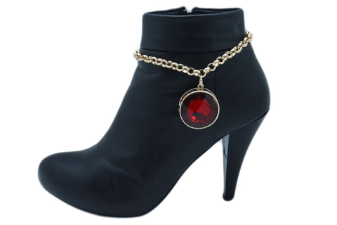 Brand New Women Gold Metal Boot Chain Bracelet Heel Shoe Anklet Big Red Bling Bead Charm