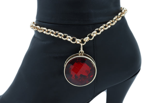 Brand New Women Gold Metal Boot Chain Bracelet Heel Shoe Anklet Big Red Bling Bead Charm
