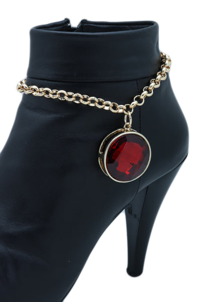 Brand New Women Gold Metal Boot Chain Bracelet Heel Shoe Anklet Big Red Bling Bead Charm