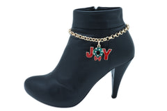 Gold Metal Chain Boot Bracelet Anklet Shoe Red JOY Charm Christmas Jewelry