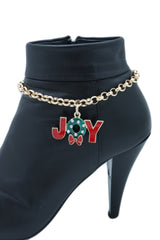 Women Gold Metal Chain Boot Bracelet Anklet Shoe Red JOY Charm Christmas Jewelry Adjustable One Size