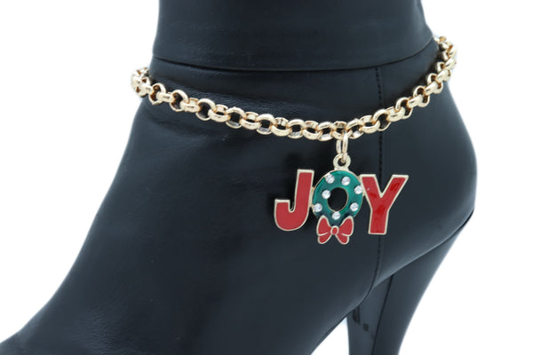Women Gold Metal Chain Boot Bracelet Anklet Shoe Red JOY Charm Christmas Jewelry Adjustable One Size