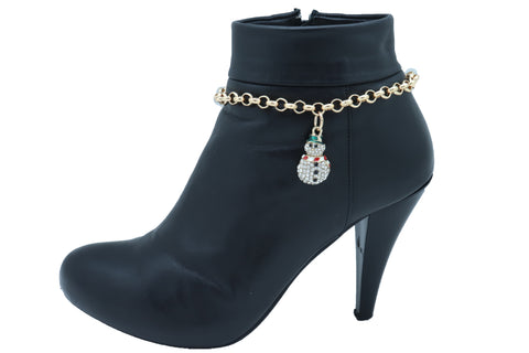 Women Gold Metal Boot Chain Bracelet Anklet Shoe Charm Winter Snowman Christmas Adjustable Band One Size