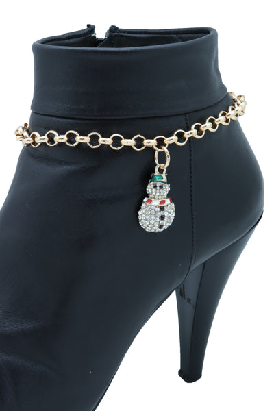 Women Gold Metal Boot Chain Bracelet Anklet Shoe Charm Winter Snowman Christmas Adjustable Band One Size