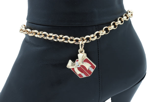 Women Gold Metal Chain Boot Bracelet Shoe Bling Red Gift Present Charm Christmas Adjustable Size Band