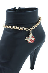 Women Gold Metal Chain Boot Bracelet Shoe Bling Red Gift Present Charm Christmas Adjustable Size Band