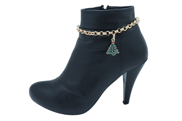 Women Gold Metal Boot Chain Bracelet Shoe Anklet Christmas Holiday Tree Charm Adjustable Size Band