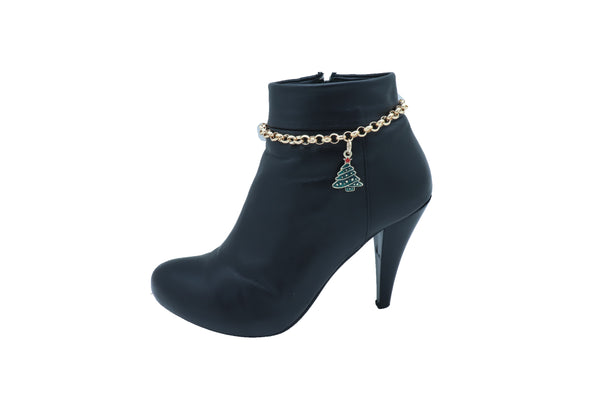 Women Gold Metal Boot Chain Bracelet Shoe Anklet Christmas Holiday Tree Charm Adjustable Size Band