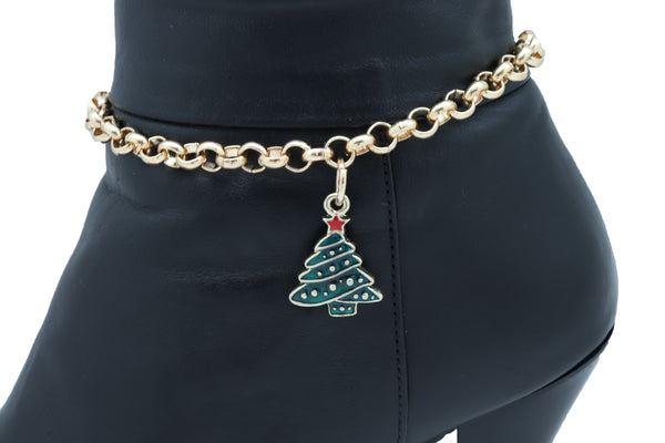 Women Gold Metal Boot Chain Bracelet Shoe Anklet Christmas Holiday Tree Charm Adjustable Size Band