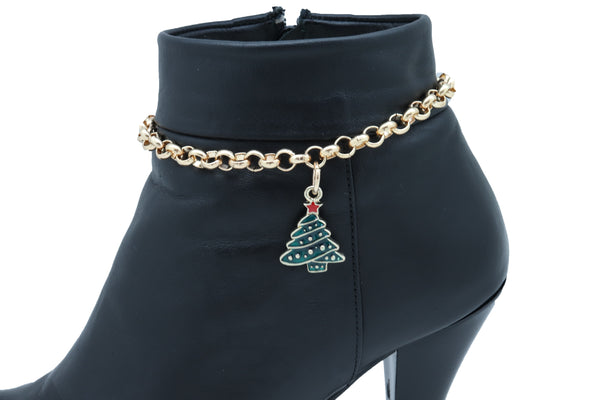 Women Gold Metal Boot Chain Bracelet Shoe Anklet Christmas Holiday Tree Charm Adjustable Size Band