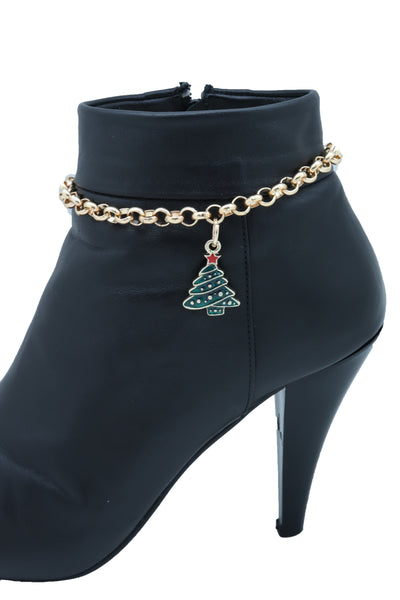 Women Gold Metal Boot Chain Bracelet Shoe Anklet Christmas Holiday Tree Charm Adjustable Size Band