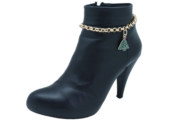 Women Gold Metal Boot Chain Bracelet Shoe Anklet Christmas Holiday Tree Charm Adjustable Size Band
