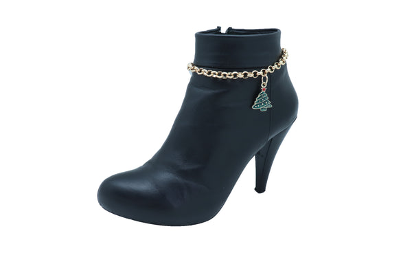 Women Gold Metal Boot Chain Bracelet Shoe Anklet Christmas Holiday Tree Charm Adjustable Size Band