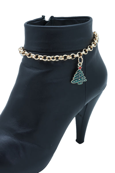 Women Gold Metal Boot Chain Bracelet Shoe Anklet Christmas Holiday Tree Charm Adjustable Size Band