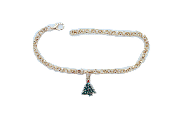 Women Gold Metal Boot Chain Bracelet Shoe Anklet Christmas Holiday Tree Charm Adjustable Size Band
