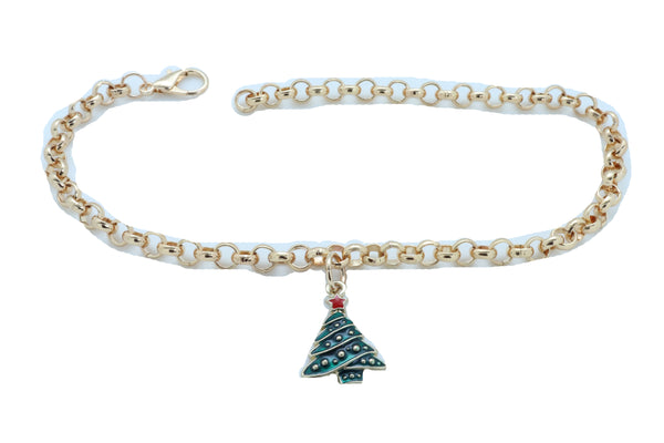 Women Gold Metal Boot Chain Bracelet Shoe Anklet Christmas Holiday Tree Charm Adjustable Size Band