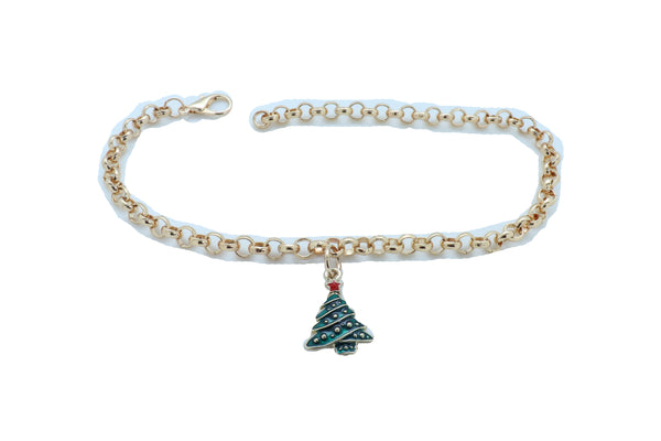 Women Gold Metal Boot Chain Bracelet Shoe Anklet Christmas Holiday Tree Charm Adjustable Size Band