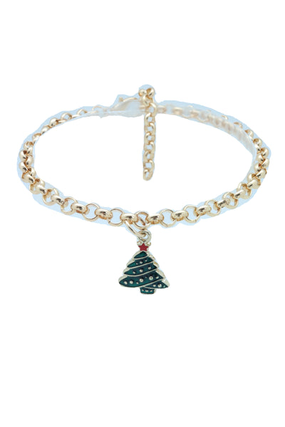 Women Gold Metal Boot Chain Bracelet Shoe Anklet Christmas Holiday Tree Charm Adjustable Size Band