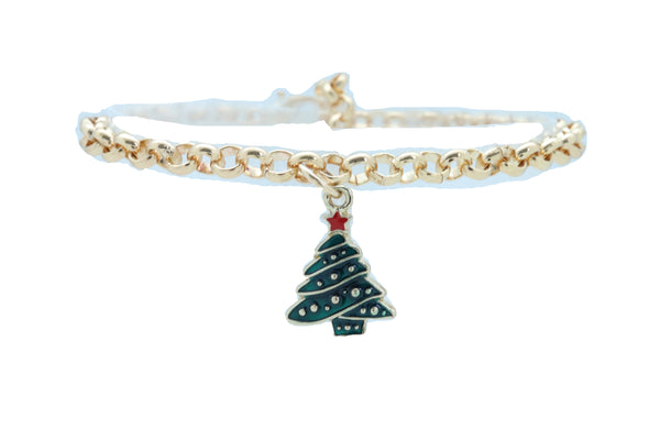 Women Gold Metal Boot Chain Bracelet Shoe Anklet Christmas Holiday Tree Charm Adjustable Size Band