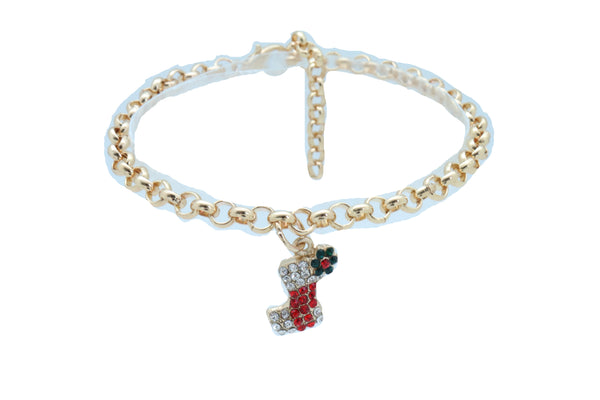 Women Gold Metal Chain Boot Bracelet Shoe Anklet Holiday Stocking Bling Charm Adjustable One Size Band