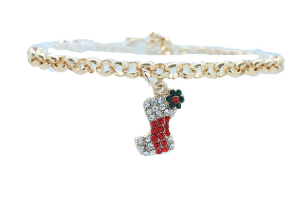 Women Gold Metal Chain Boot Bracelet Shoe Anklet Holiday Stocking Bling Charm Adjustable One Size Band