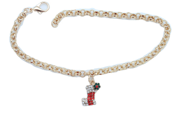 Women Gold Metal Chain Boot Bracelet Shoe Anklet Holiday Stocking Bling Charm Adjustable One Size Band
