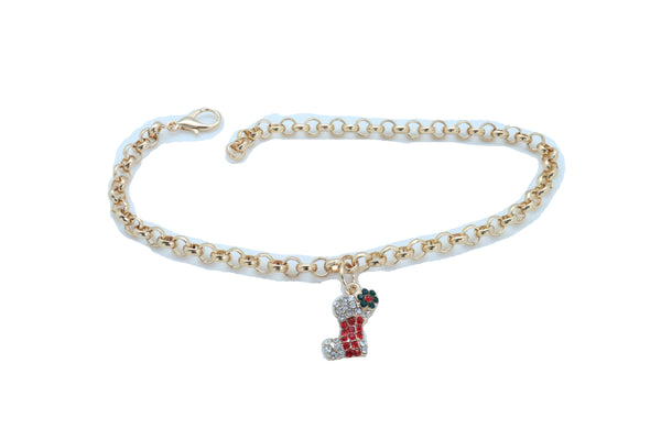 Women Gold Metal Chain Boot Bracelet Shoe Anklet Holiday Stocking Bling Charm Adjustable One Size Band